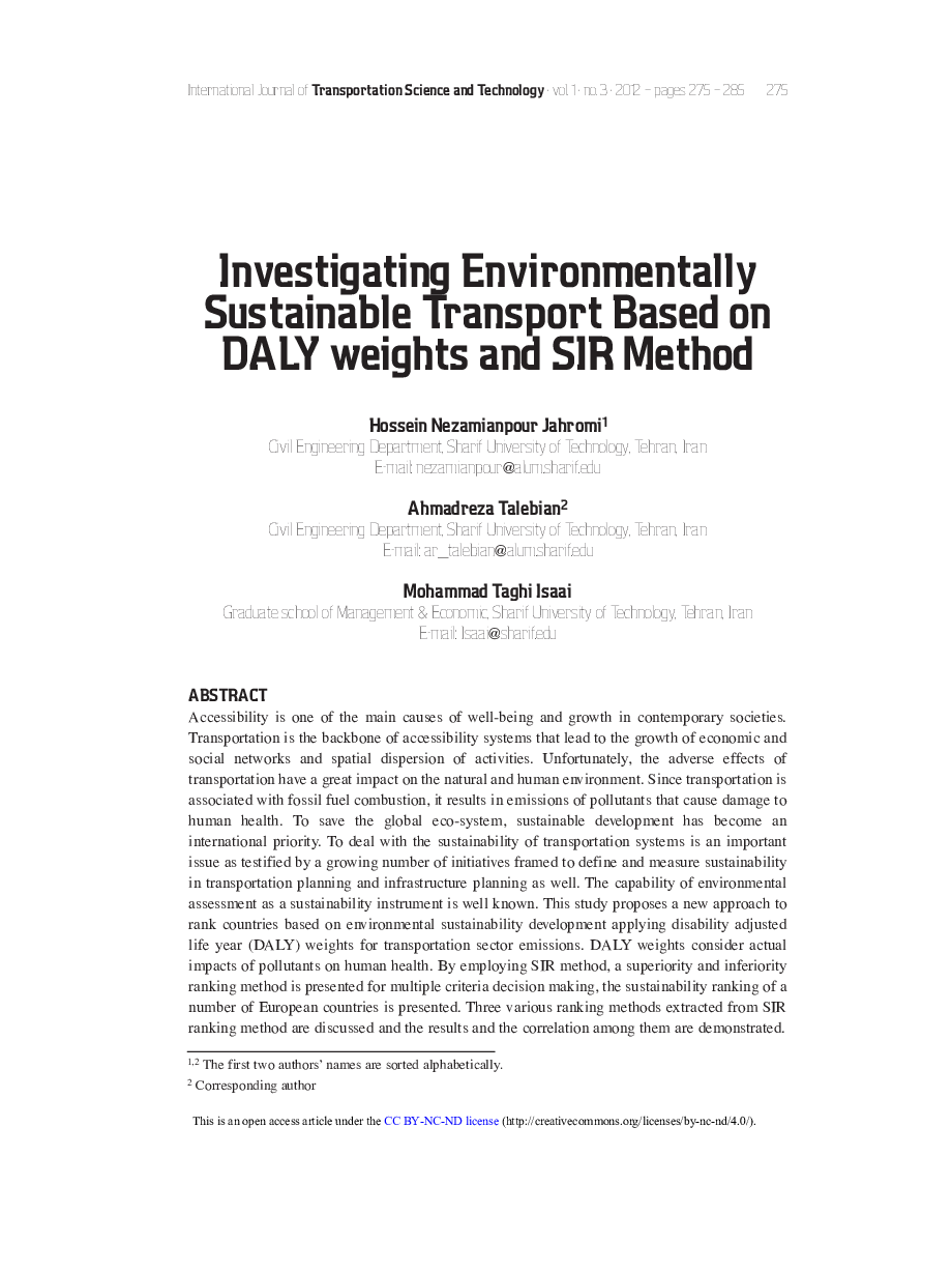 Research ArticleInvestigating Environmentally Sustainable Transport Based on DALY weights and SIR Method