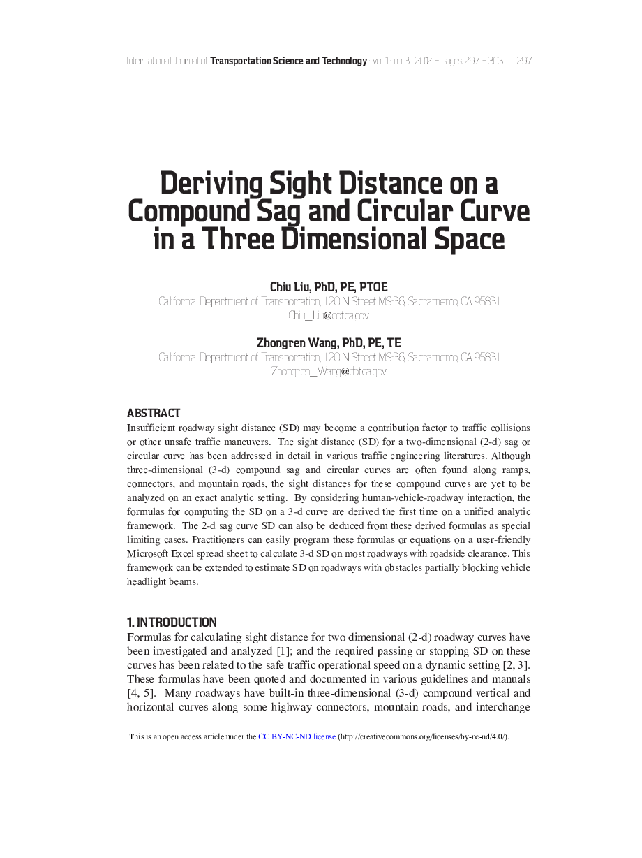 Deriving Sight Distance on a Compound Sag and Circular Curve in a Three Dimensional Space