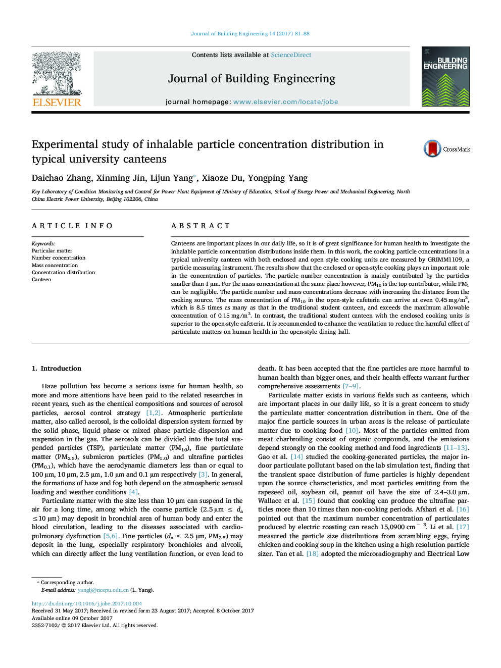 Experimental study of inhalable particle concentration distribution in typical university canteens