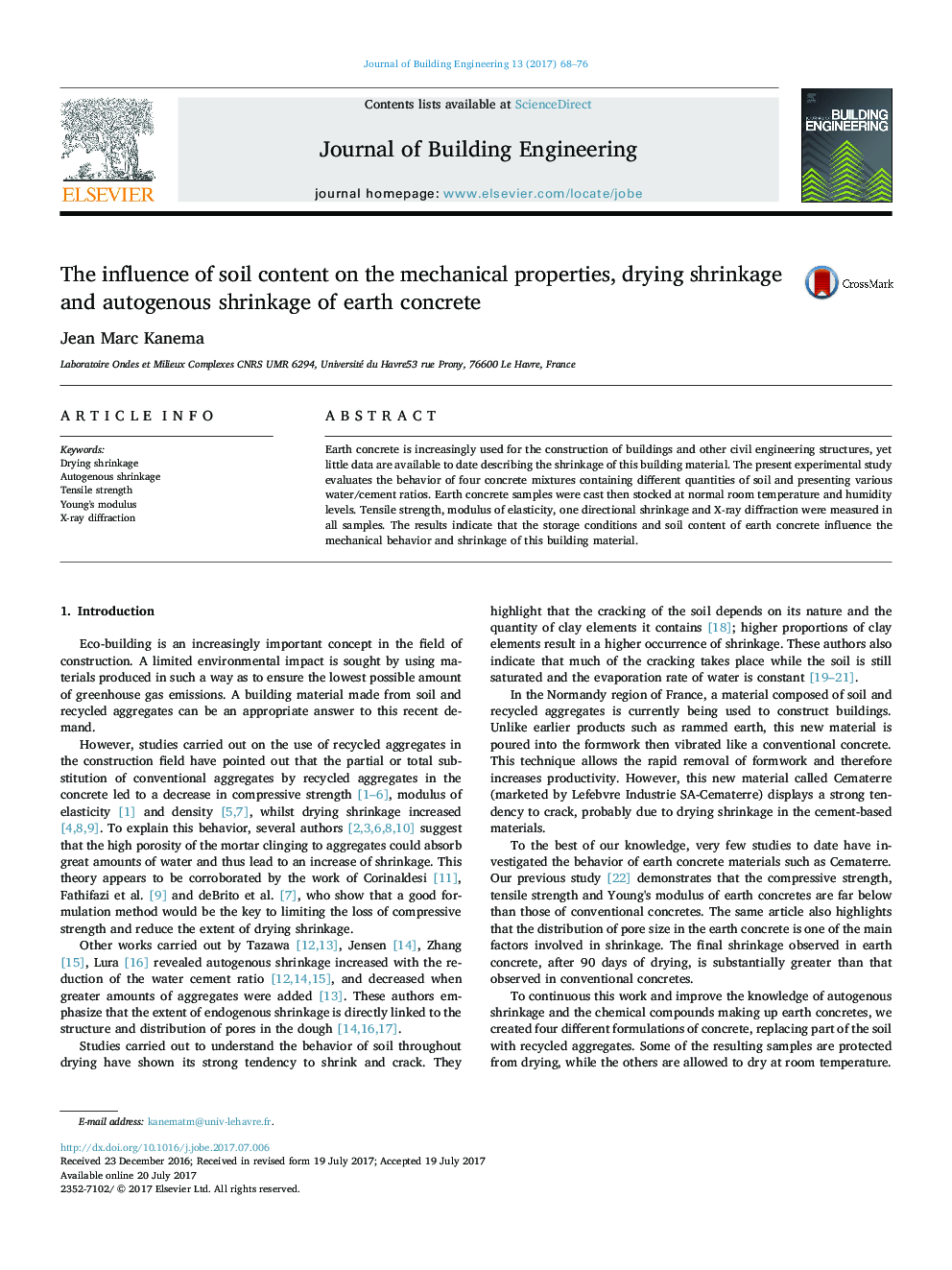 The influence of soil content on the mechanical properties, drying shrinkage and autogenous shrinkage of earth concrete