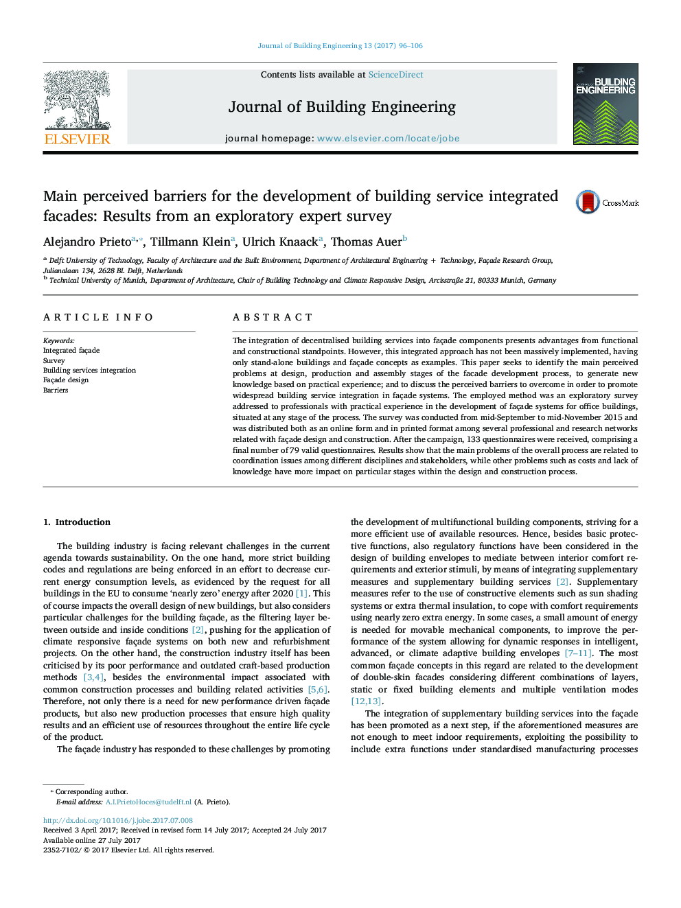 Main perceived barriers for the development of building service integrated facades: Results from an exploratory expert survey