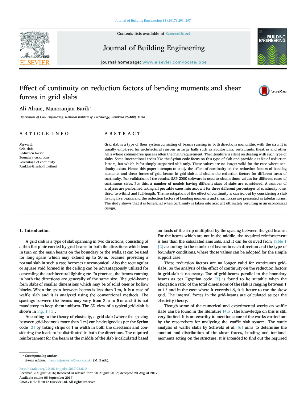 Effect of continuity on reduction factors of bending moments and shear forces in grid slabs