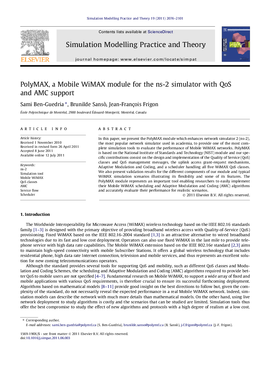 PolyMAX, a Mobile WiMAX module for the ns-2 simulator with QoS and AMC support