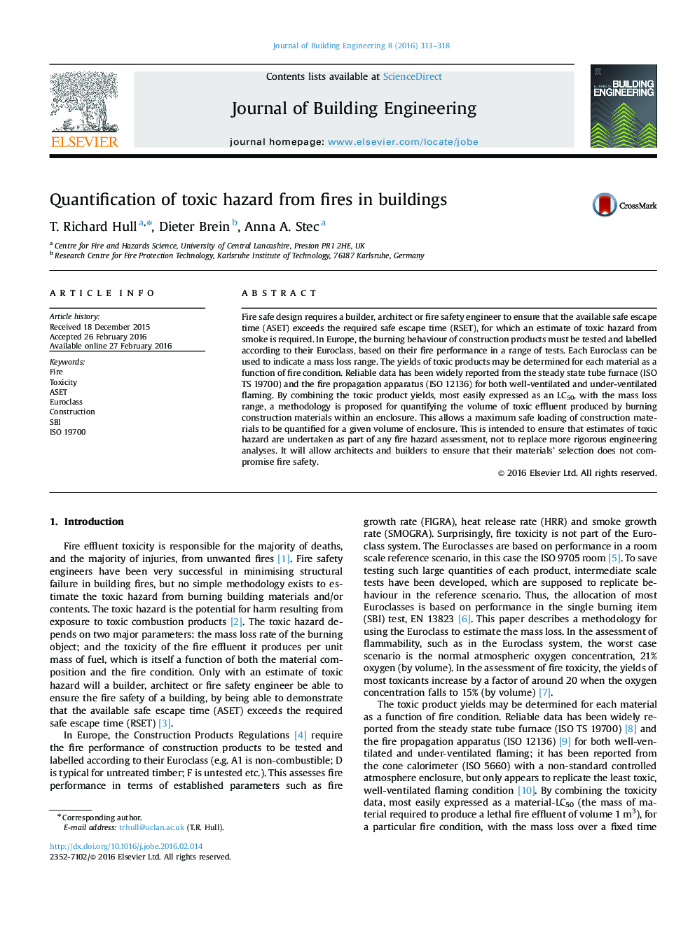 Quantification of toxic hazard from fires in buildings