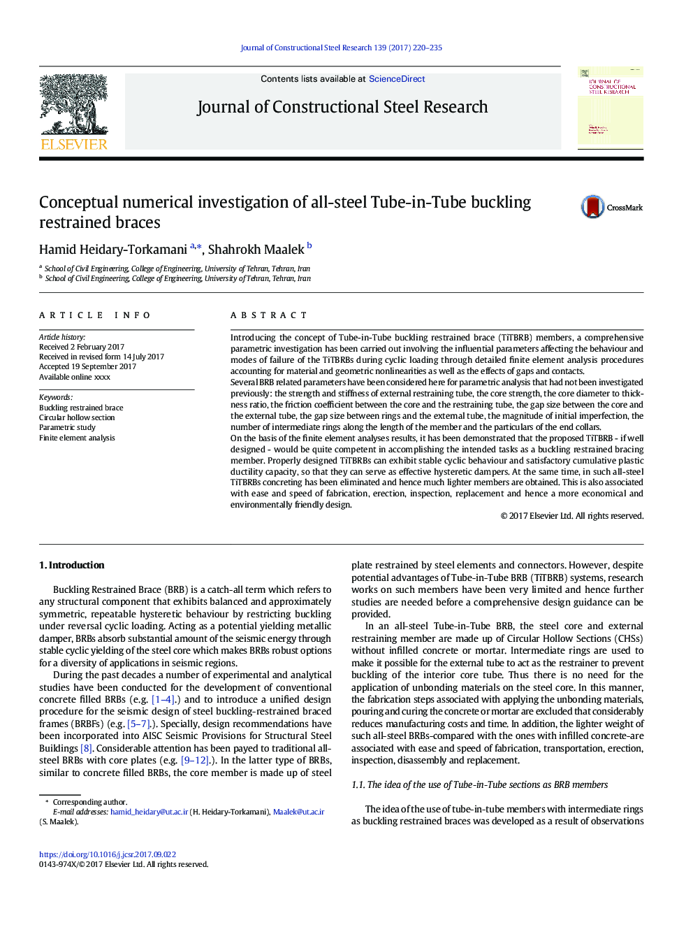 Conceptual numerical investigation of all-steel Tube-in-Tube buckling restrained braces