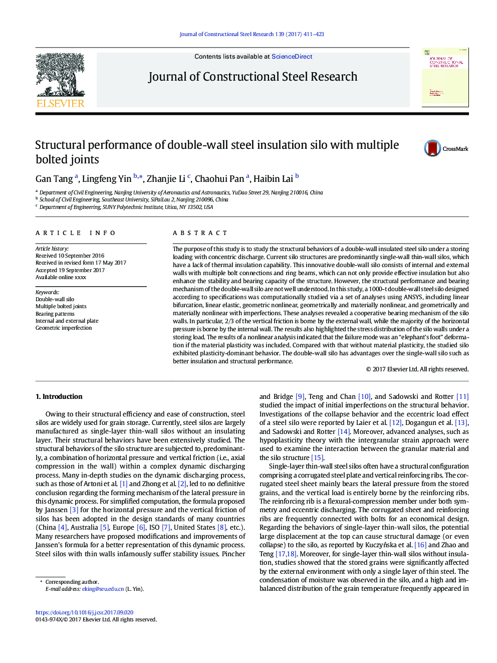 Structural performance of double-wall steel insulation silo with multiple bolted joints