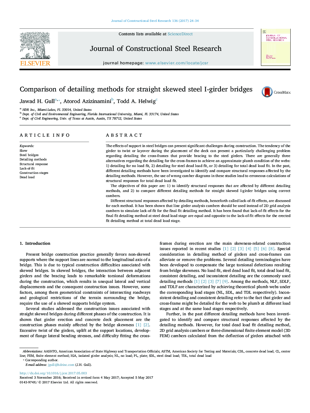 Comparison of detailing methods for straight skewed steel I-girder bridges