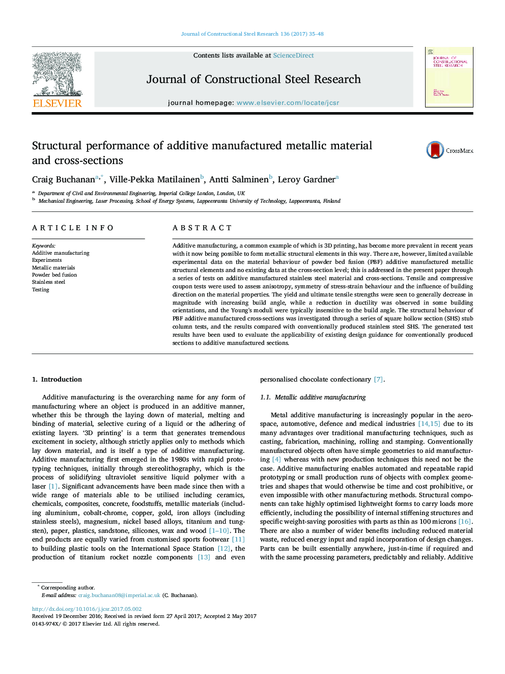 Structural performance of additive manufactured metallic material andÂ cross-sections