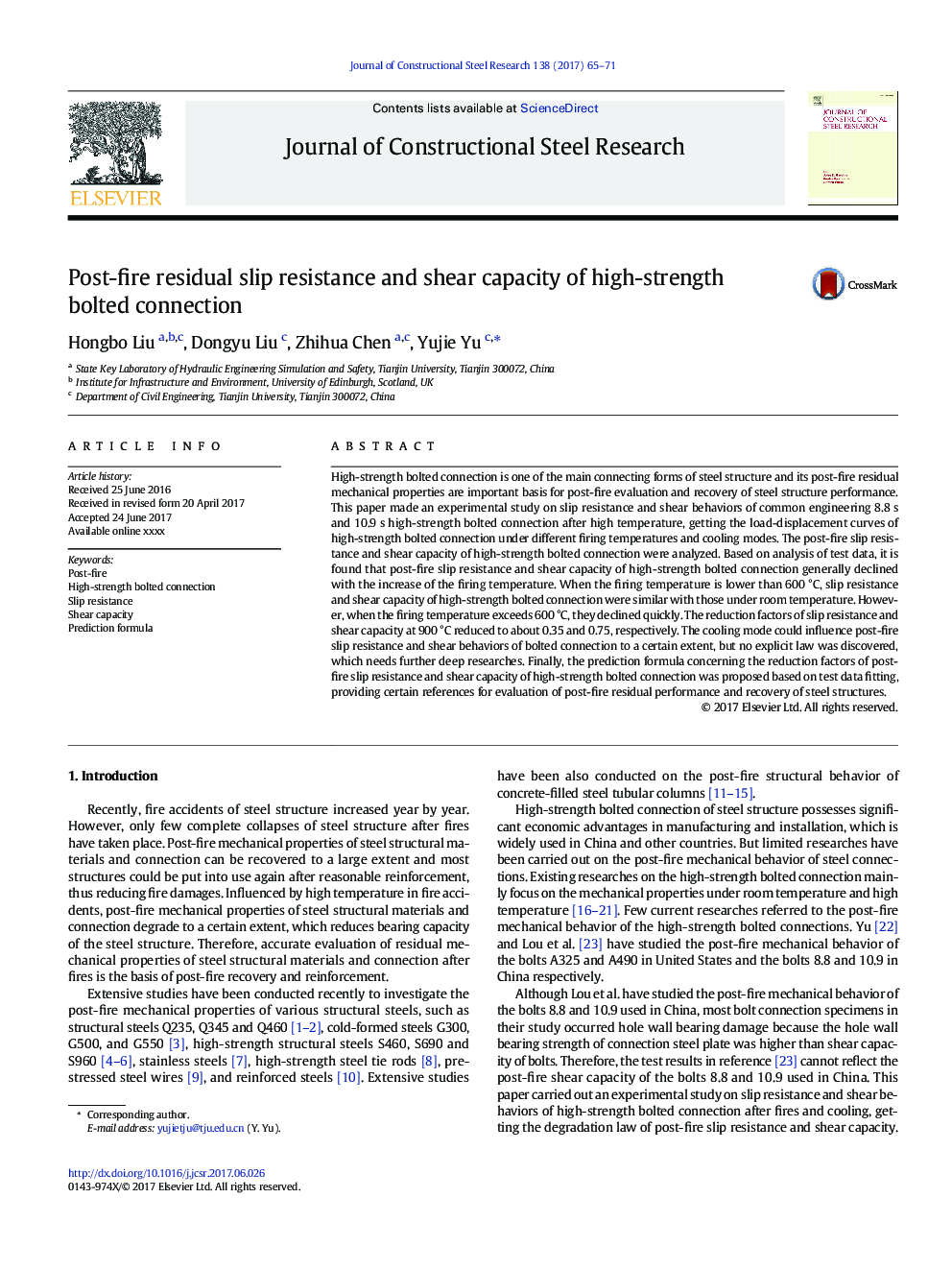 Post-fire residual slip resistance and shear capacity of high-strength bolted connection