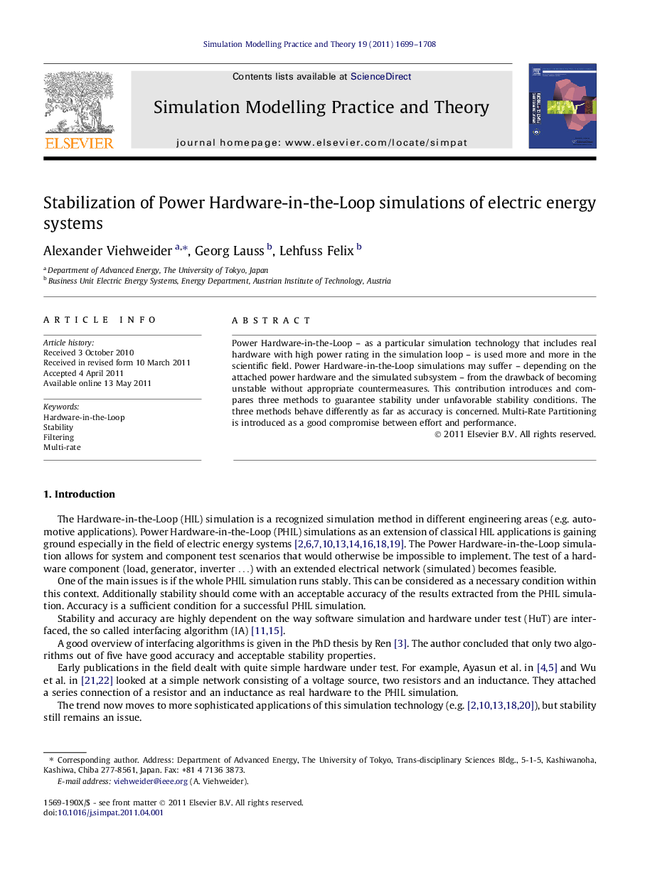 عکس صفحه اول مقاله: Stabilization of Power Hardware-in-the-Loop simulations of electric energy systems Stabilization of Power Hardware-in-the-Loop simulations of electric energy systems