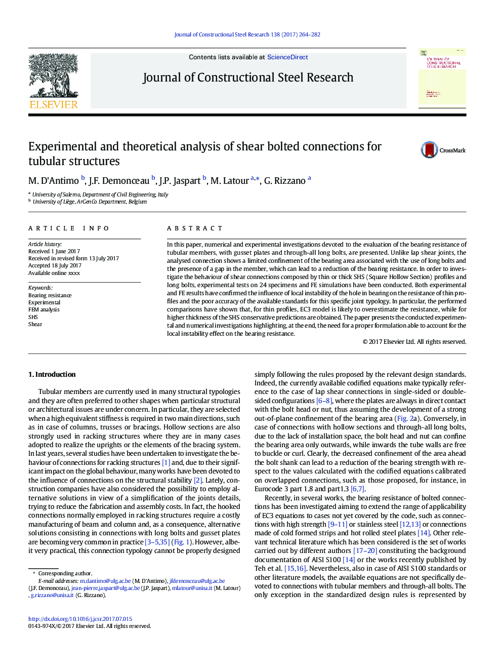 Experimental and theoretical analysis of shear bolted connections for tubular structures