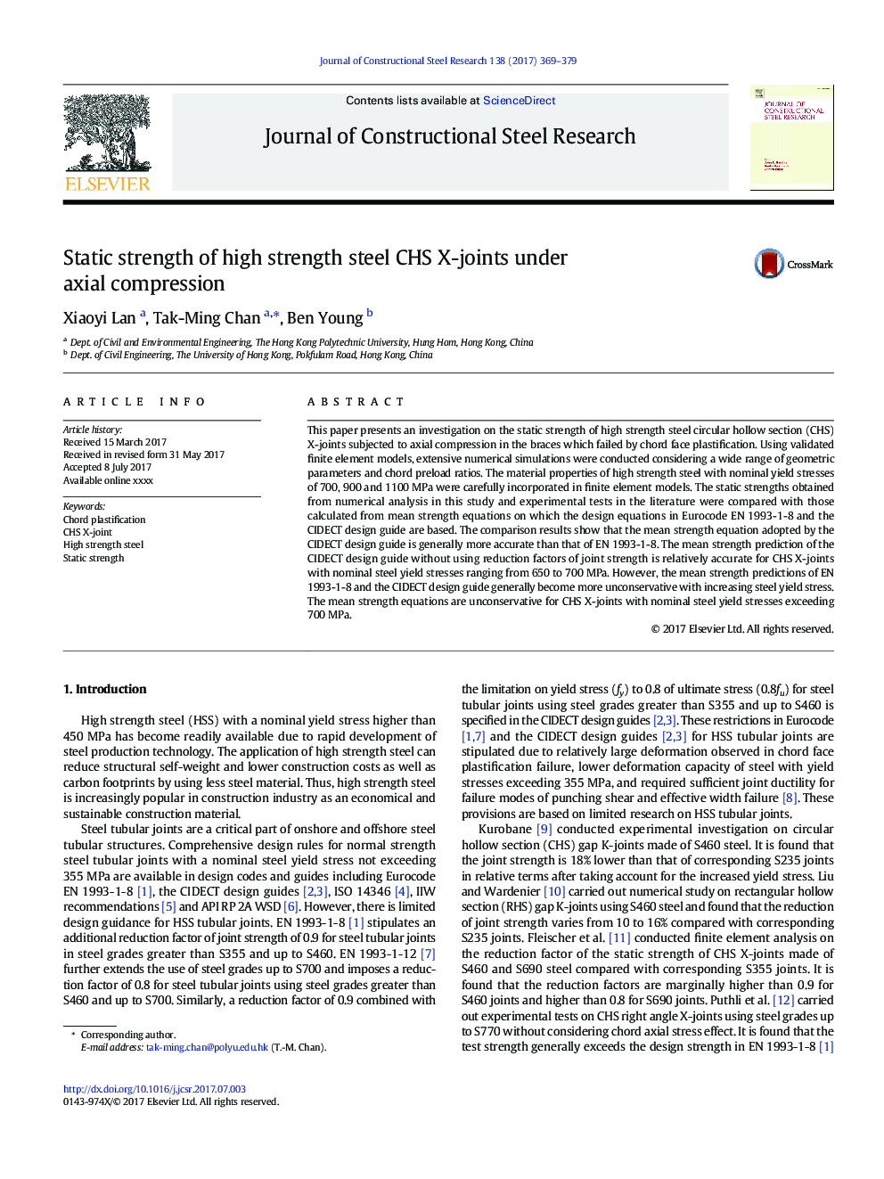 Static strength of high strength steel CHS X-joints under axial compression