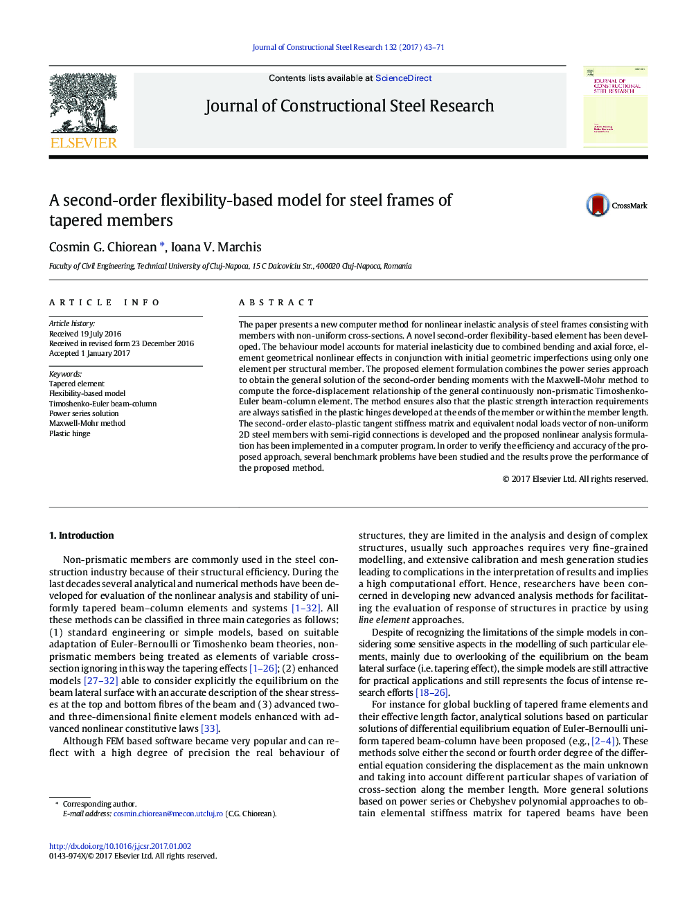 A second-order flexibility-based model for steel frames of tapered members