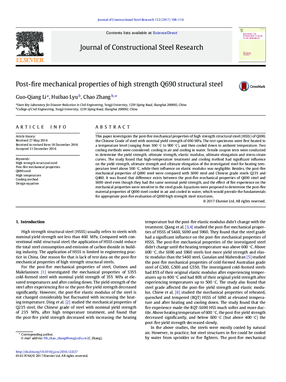 Post-fire mechanical properties of high strength Q690 structural steel