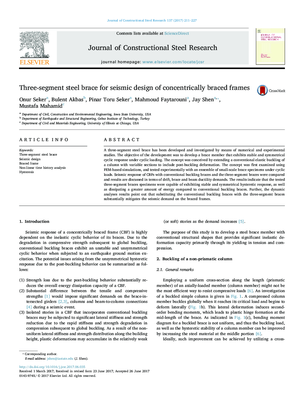 Three-segment steel brace for seismic design of concentrically braced frames