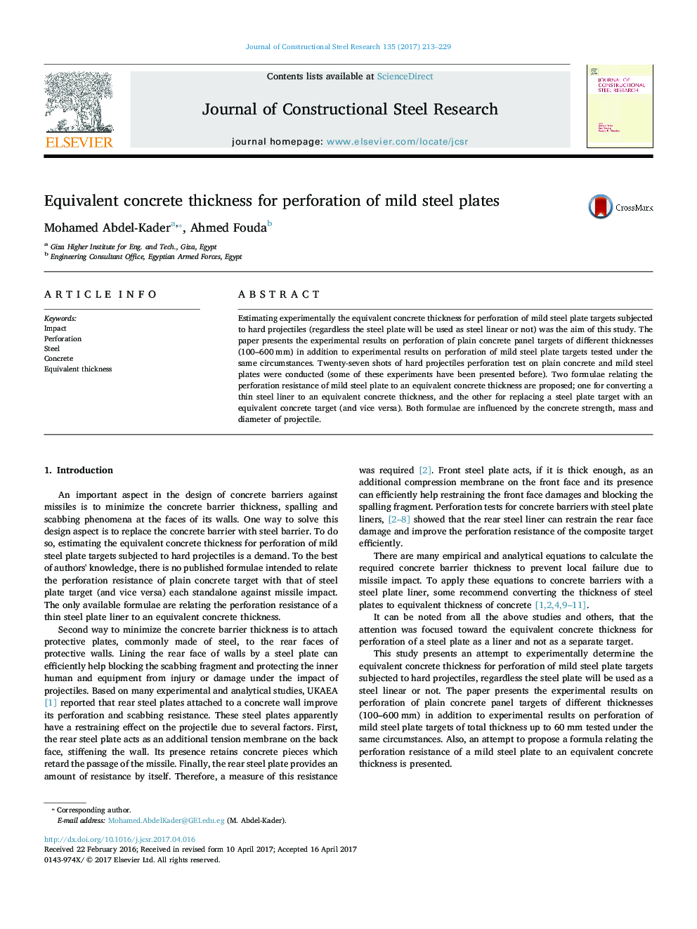 Equivalent concrete thickness for perforation of mild steel plates