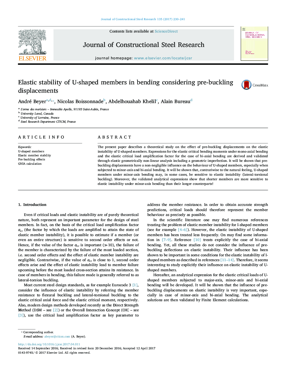 Elastic stability of U-shaped members in bending considering pre-buckling displacements