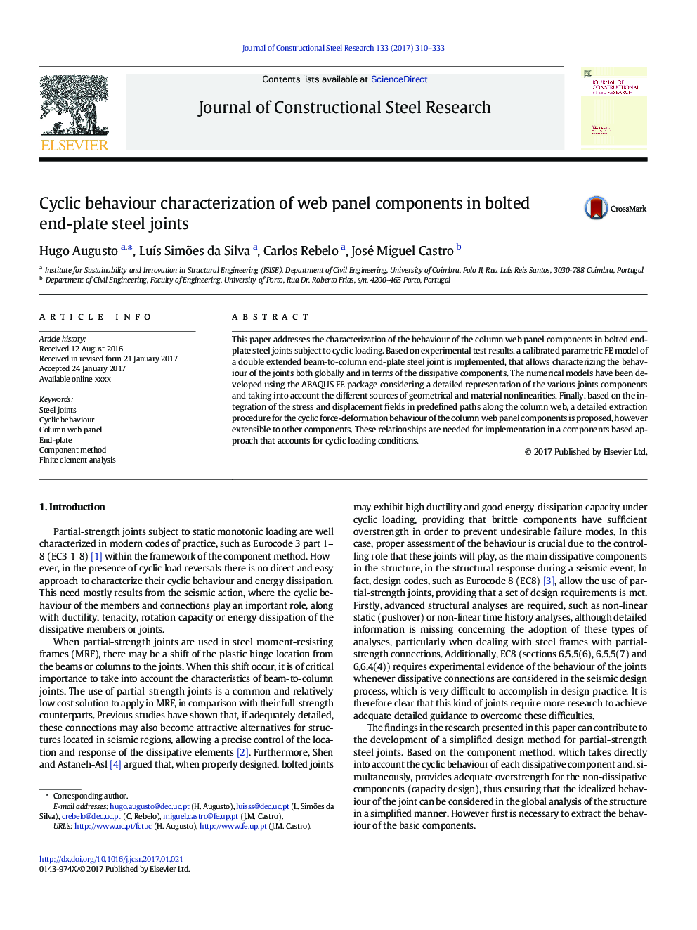 Cyclic behaviour characterization of web panel components in bolted end-plate steel joints