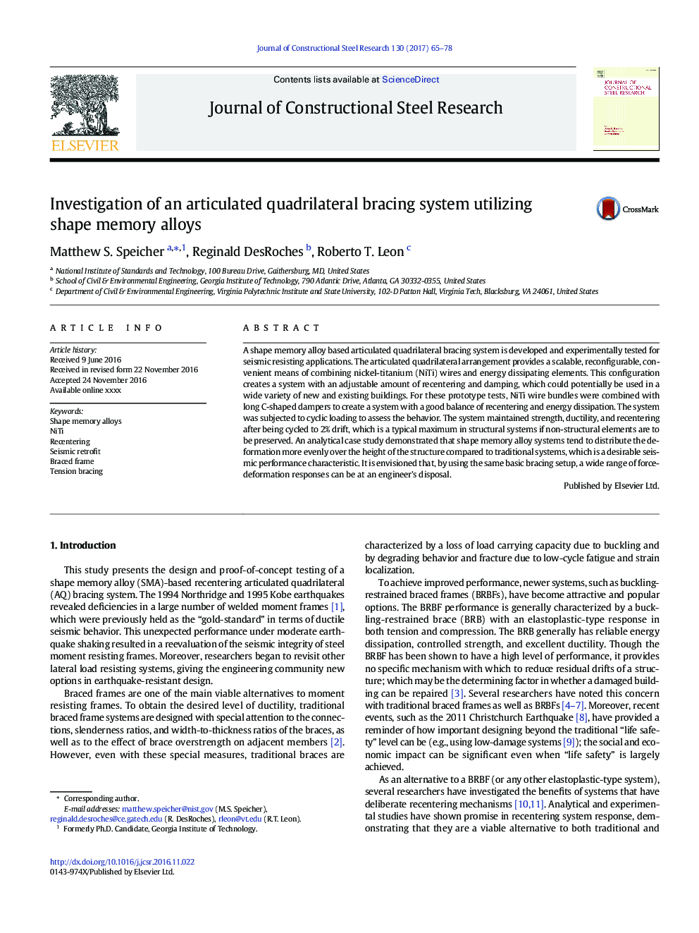 Investigation of an articulated quadrilateral bracing system utilizing shape memory alloys