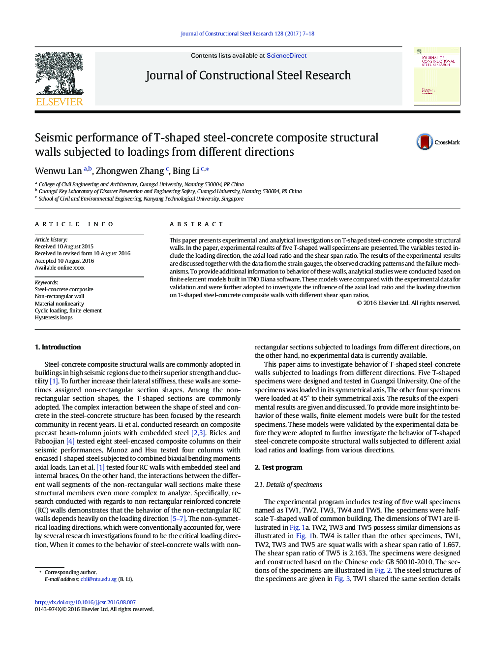 Seismic performance of T-shaped steel-concrete composite structural walls subjected to loadings from different directions