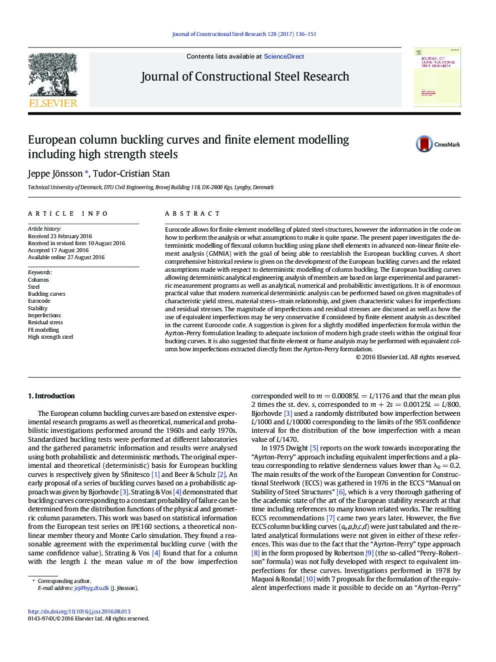 European column buckling curves and finite element modelling including high strength steels