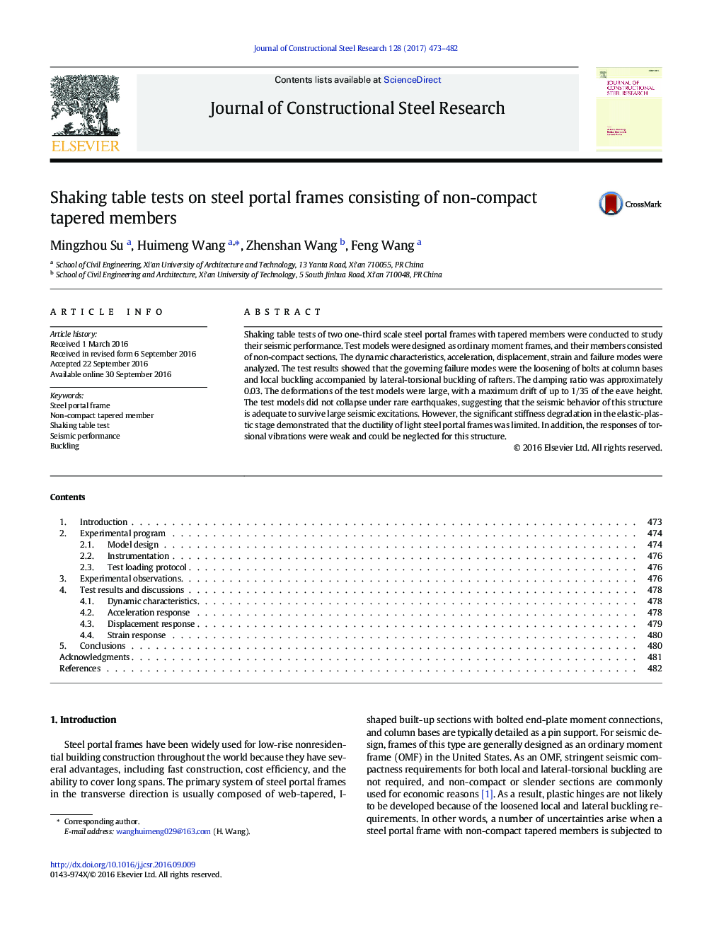 Shaking table tests on steel portal frames consisting of non-compact tapered members