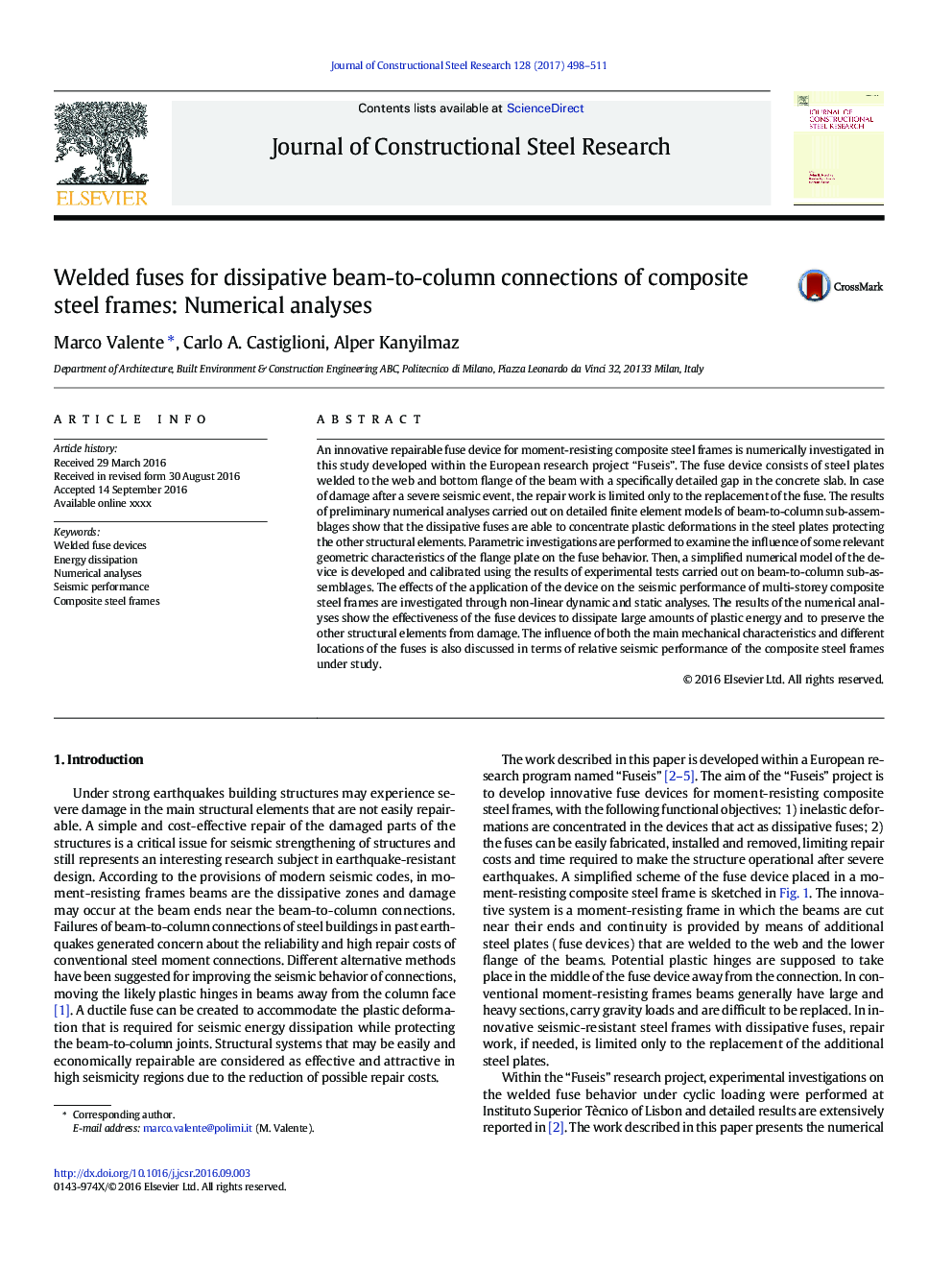 Welded fuses for dissipative beam-to-column connections of composite steel frames: Numerical analyses