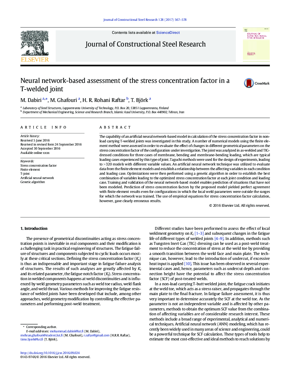 Neural network-based assessment of the stress concentration factor in a T-welded joint