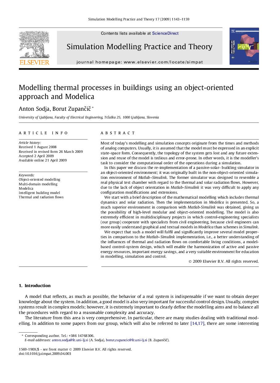 Modelling thermal processes in buildings using an object-oriented approach and Modelica