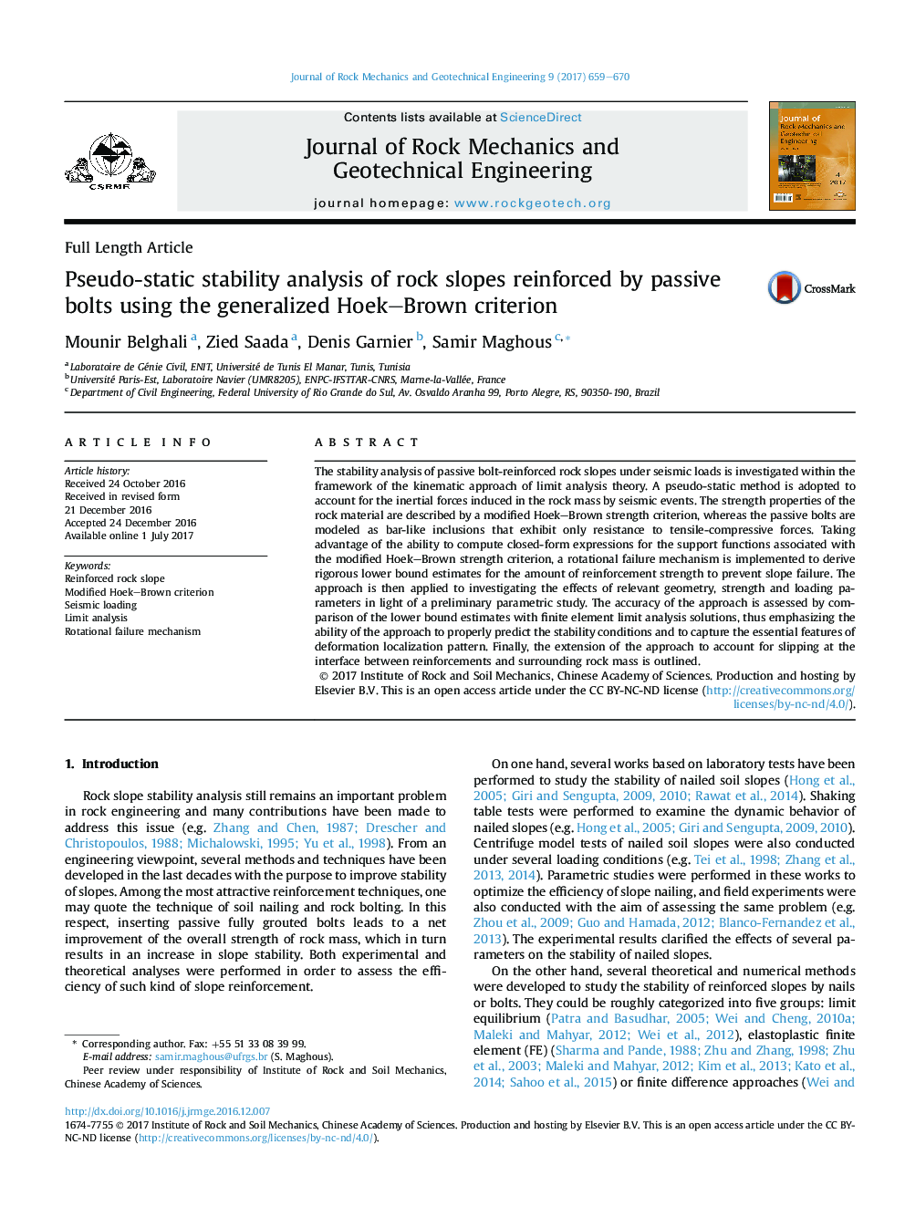 Pseudo-static stability analysis of rock slopes reinforced by passive bolts using the generalized Hoek-Brown criterion