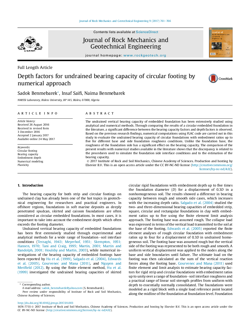 Depth factors for undrained bearing capacity of circular footing by numerical approach