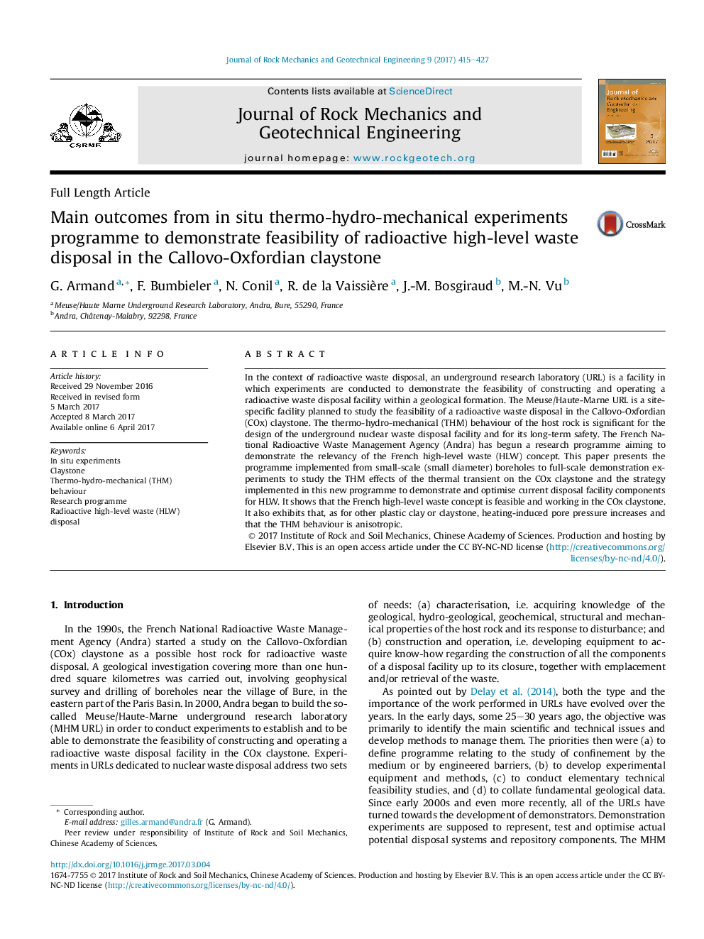 Main outcomes from in situ thermo-hydro-mechanical experiments programme to demonstrate feasibility of radioactive high-level waste disposal in the Callovo-Oxfordian claystone