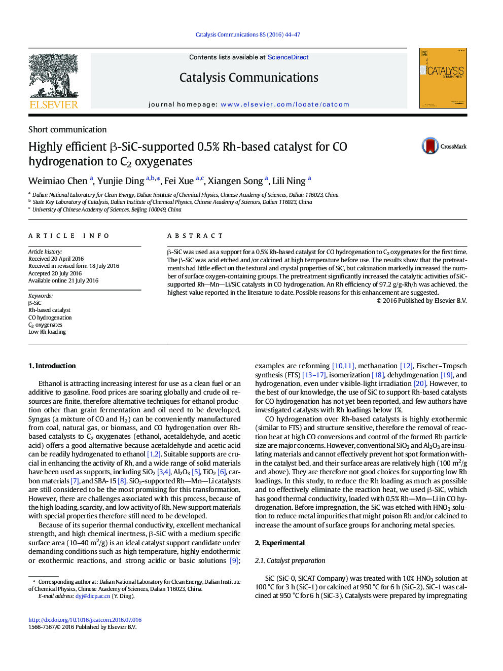 کاتالیزور های مبتنی بر Rh .5٪ با پشتیبانی β-SiC بسیار کارآمد برای هیدروژناسیون CO به اکسیژن C2