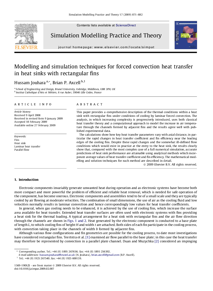 Modelling and simulation techniques for forced convection heat transfer in heat sinks with rectangular fins