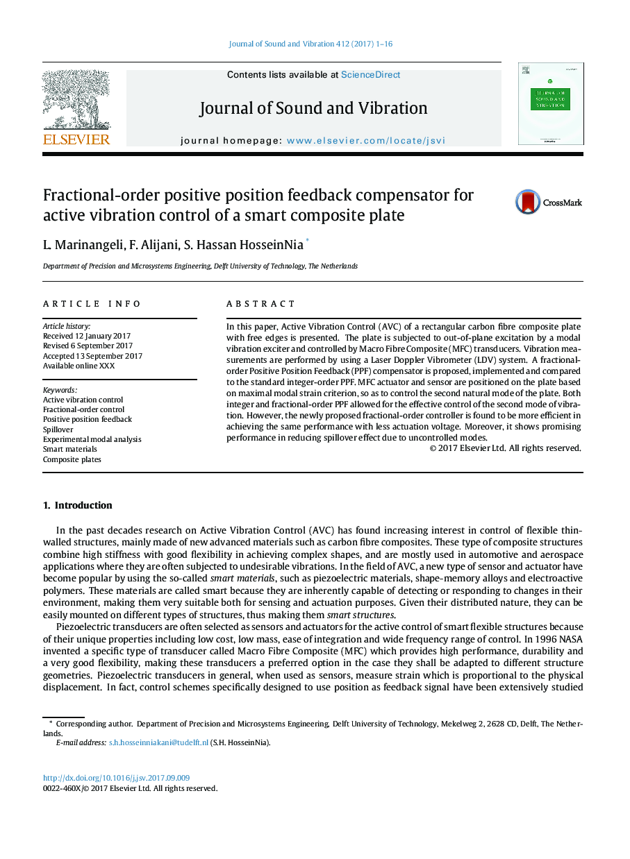 Fractional-order positive position feedback compensator for active vibration control of a smart composite plate