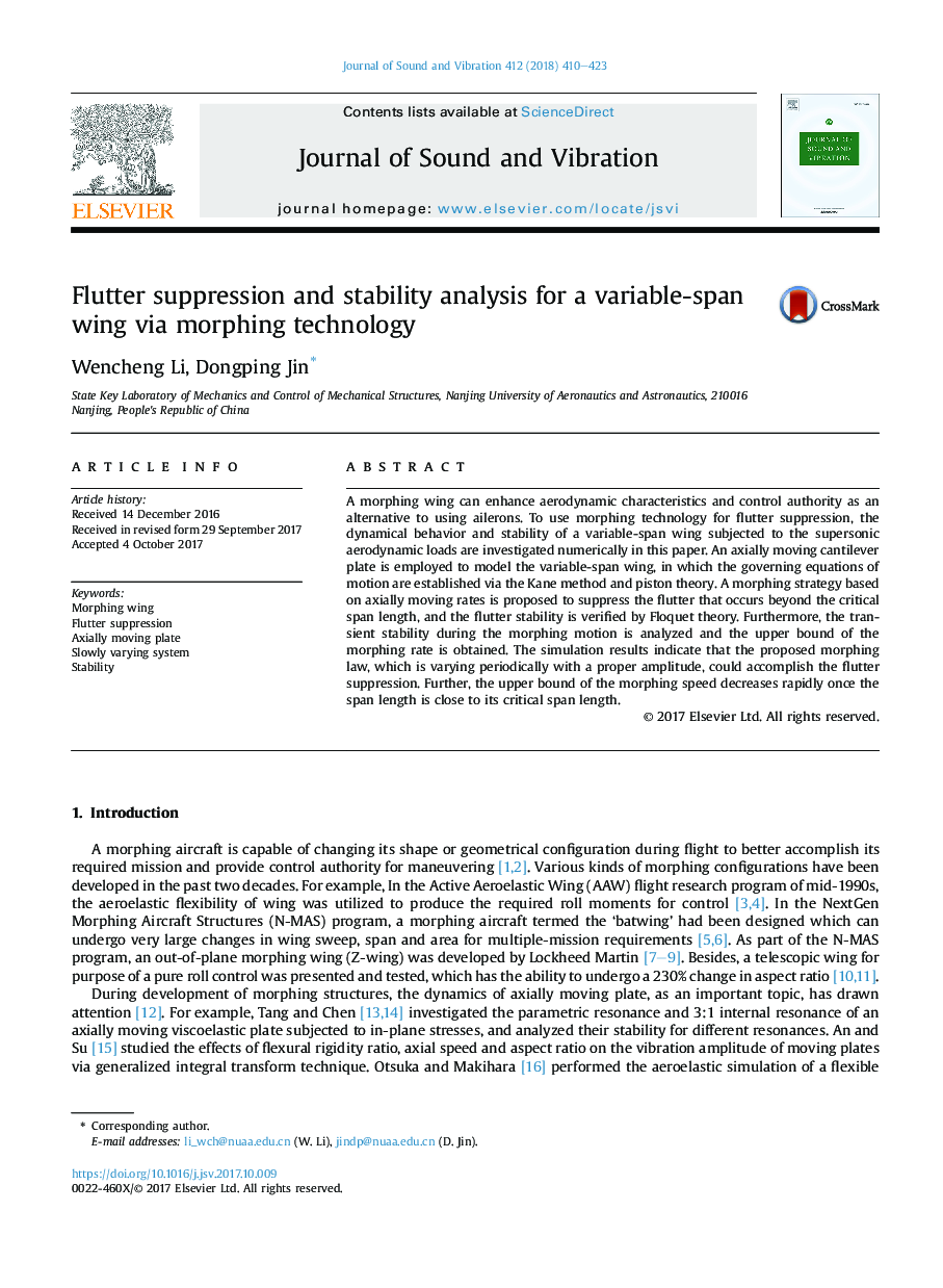 Flutter suppression and stability analysis for a variable-span wing via morphing technology