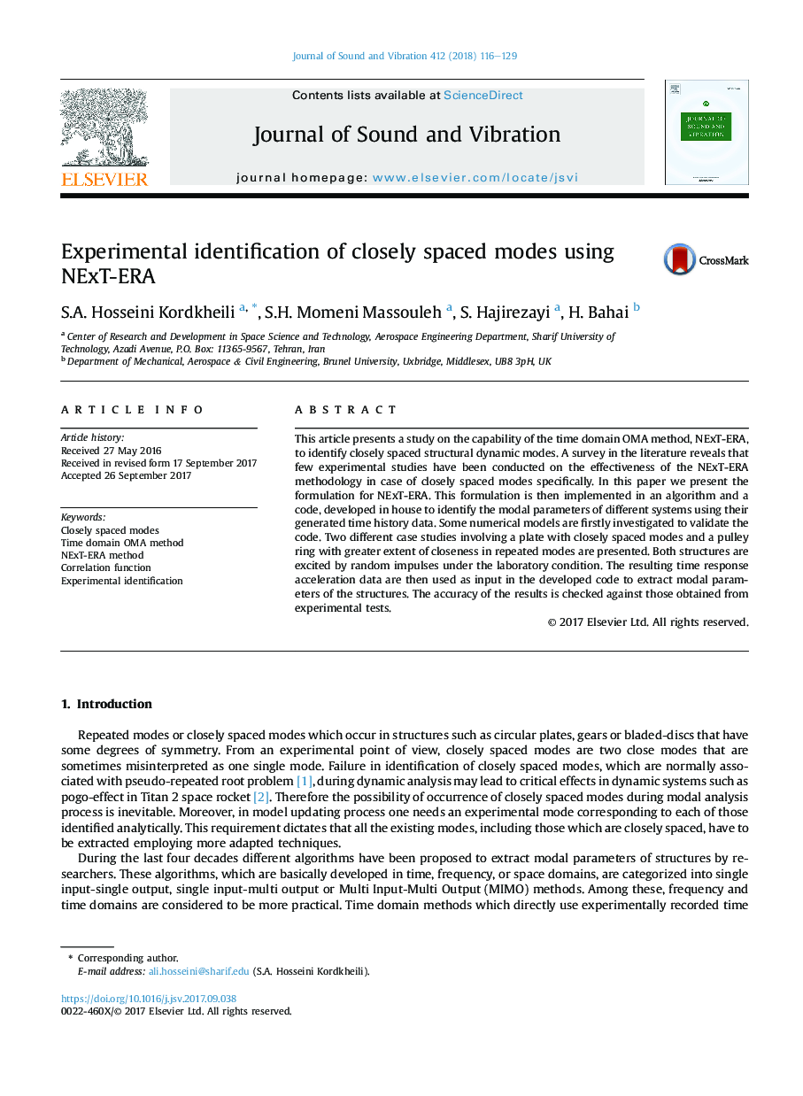 Experimental identification of closely spaced modes using NExT-ERA