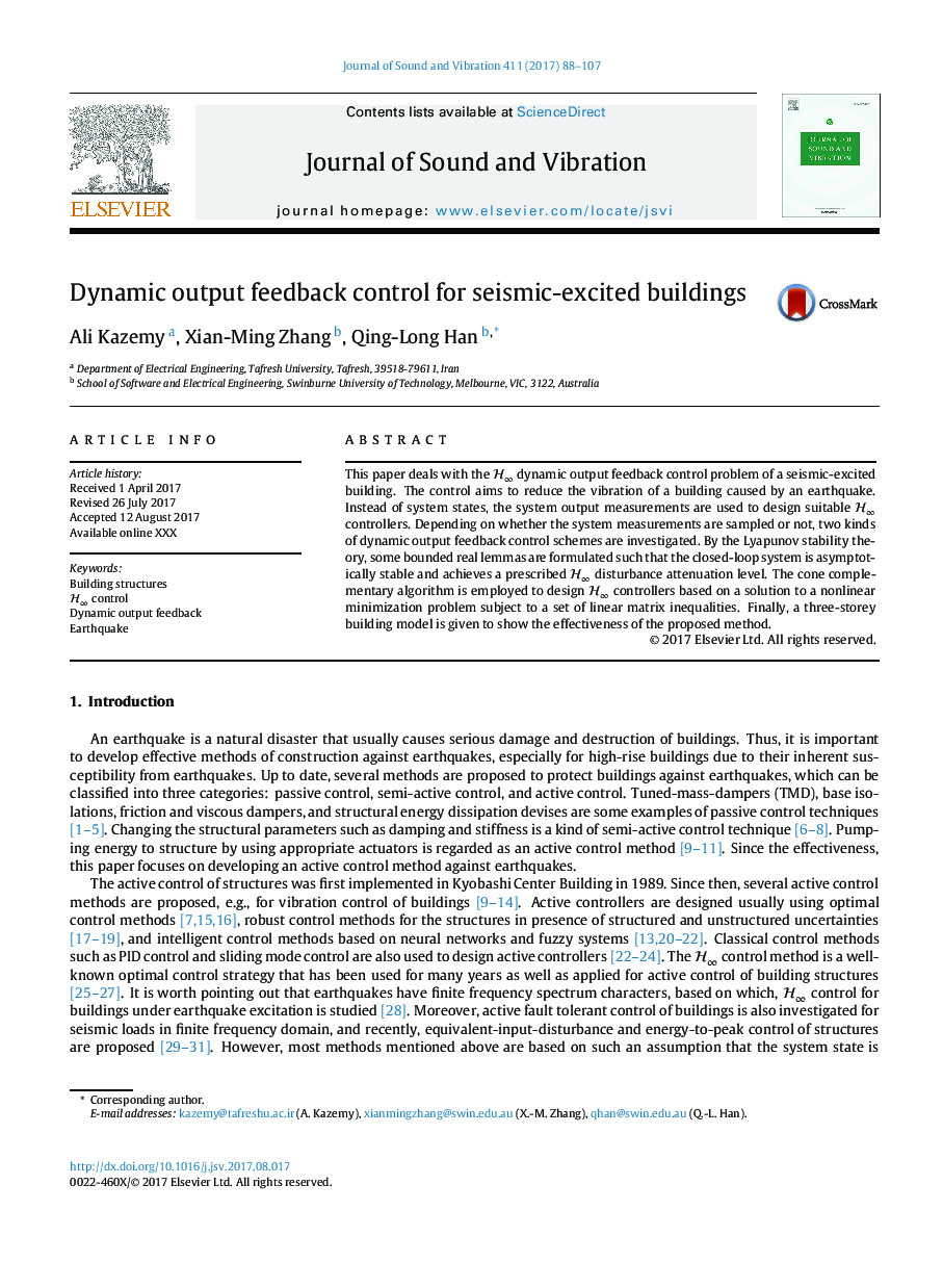 Dynamic output feedback control for seismic-excited buildings