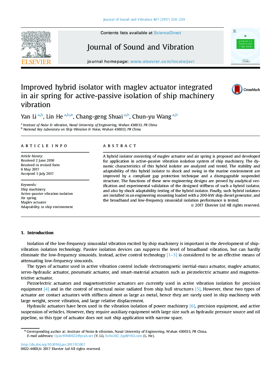 Improved hybrid isolator with maglev actuator integrated in air spring for active-passive isolation of ship machinery vibration