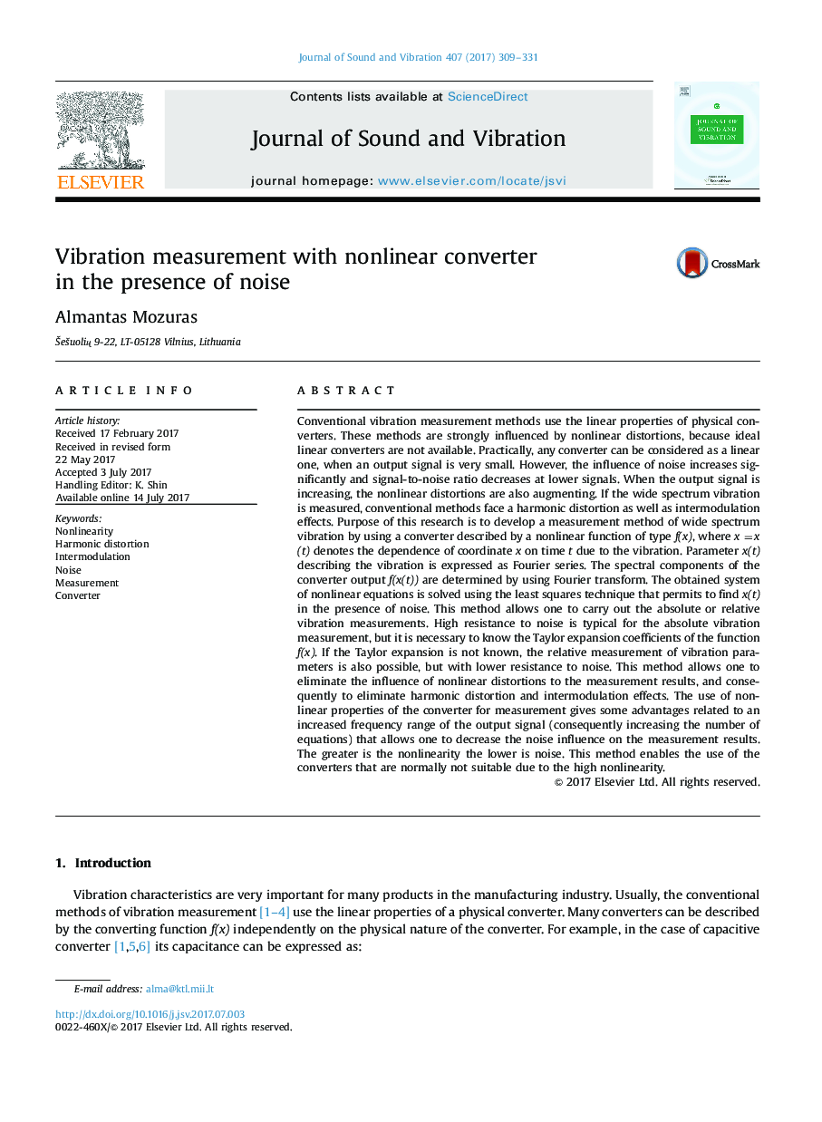 Vibration measurement with nonlinear converter in the presence of noise