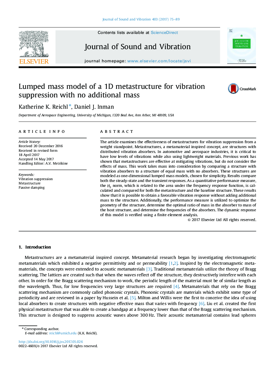 Lumped mass model of a 1D metastructure for vibration suppression with no additional mass