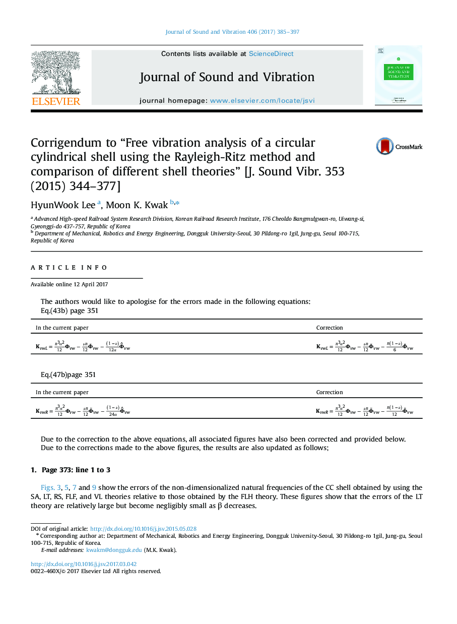 Corrigendum to “Free vibration analysis of a circular cylindrical shell using the Rayleigh-Ritz method and comparison of different shell theories” [J. Sound Vibr. 353 (2015) 344-377]