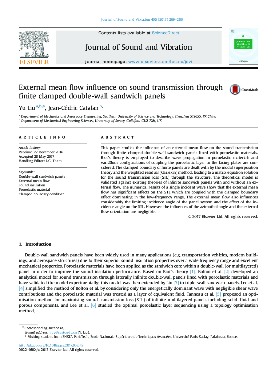 External mean flow influence on sound transmission through finite clamped double-wall sandwich panels