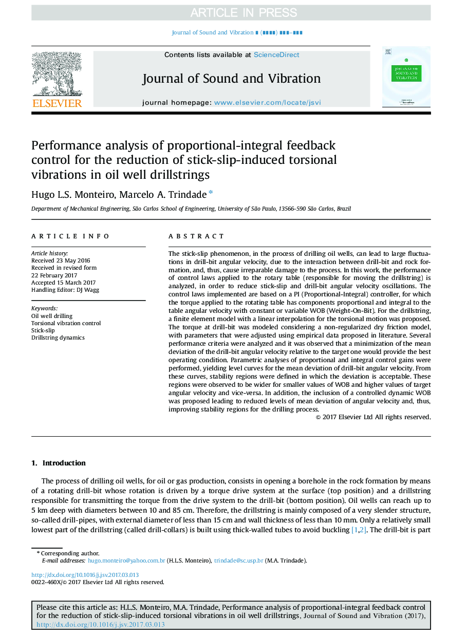 Performance analysis of proportional-integral feedback control for the reduction of stick-slip-induced torsional vibrations in oil well drillstrings