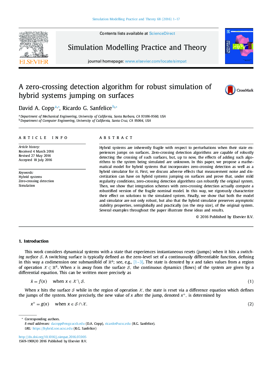 A zero-crossing detection algorithm for robust simulation of hybrid systems jumping on surfaces