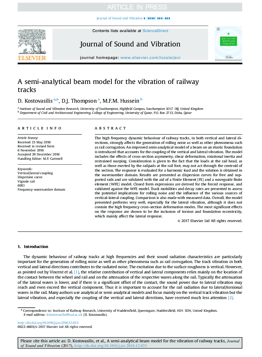 A semi-analytical beam model for the vibration of railway tracks