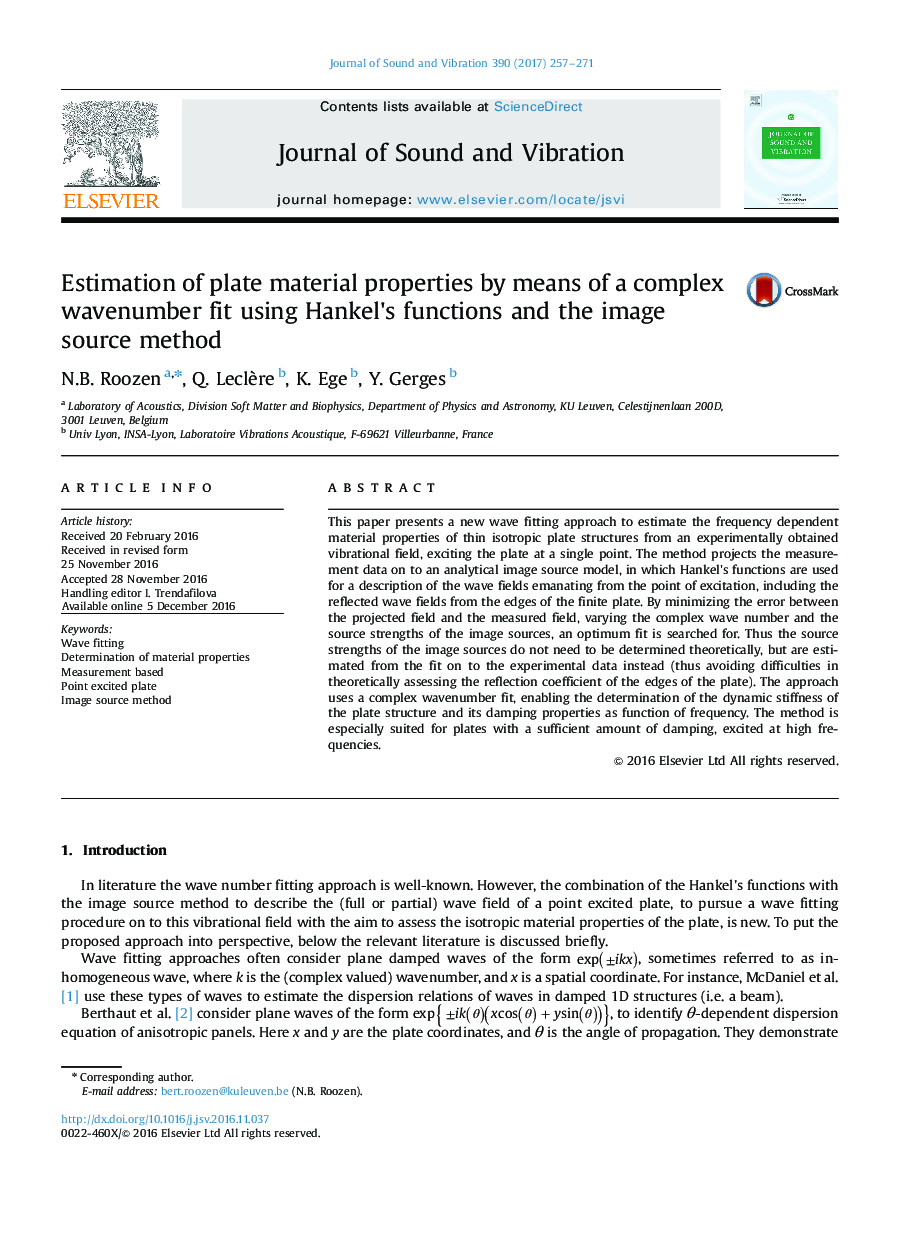 Estimation of plate material properties by means of a complex wavenumber fit using Hankel's functions and the image source method