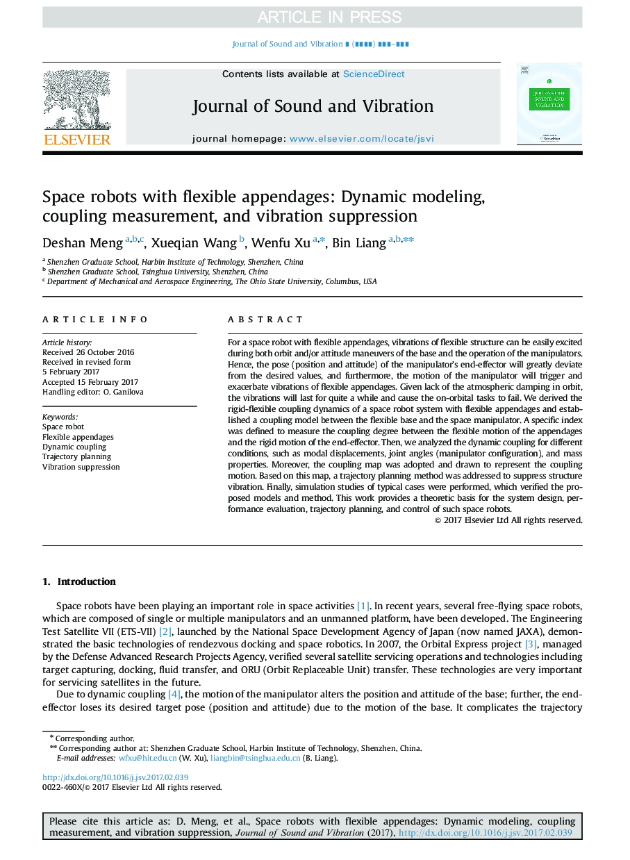 Space robots with flexible appendages: Dynamic modeling, coupling measurement, and vibration suppression