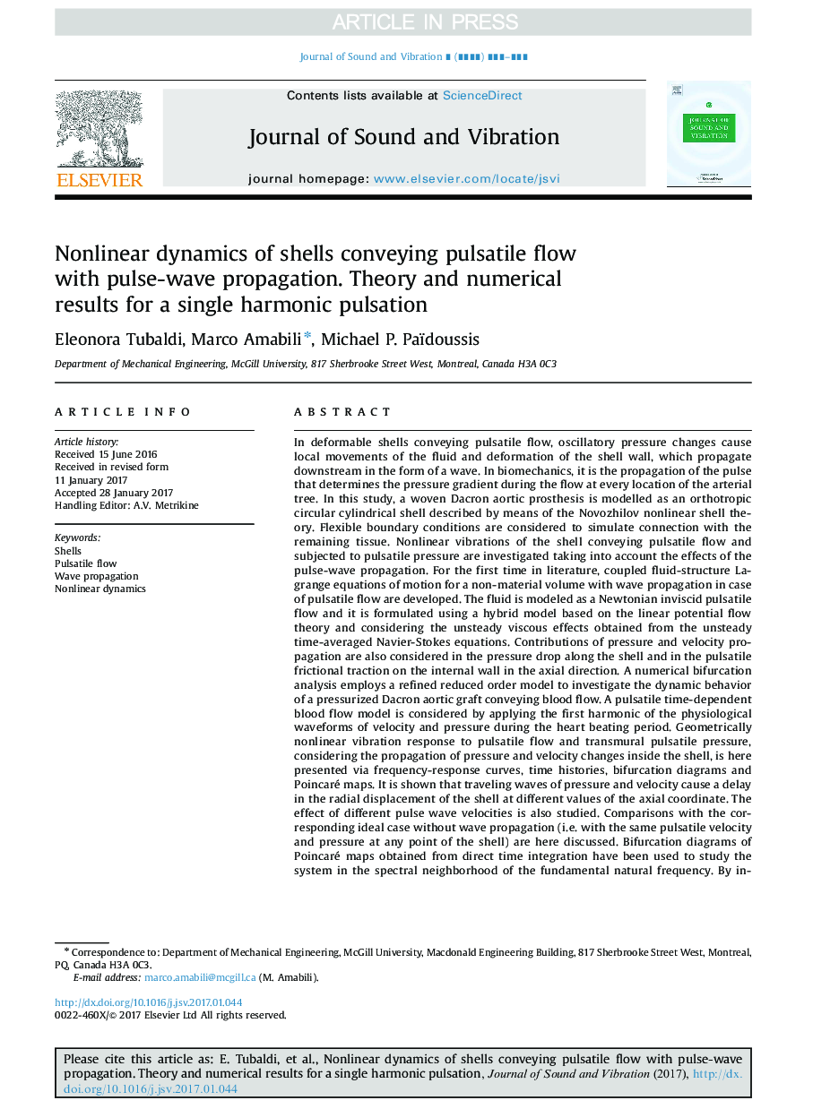 Nonlinear dynamics of shells conveying pulsatile flow with pulse-wave propagation. Theory and numerical results for a single harmonic pulsation