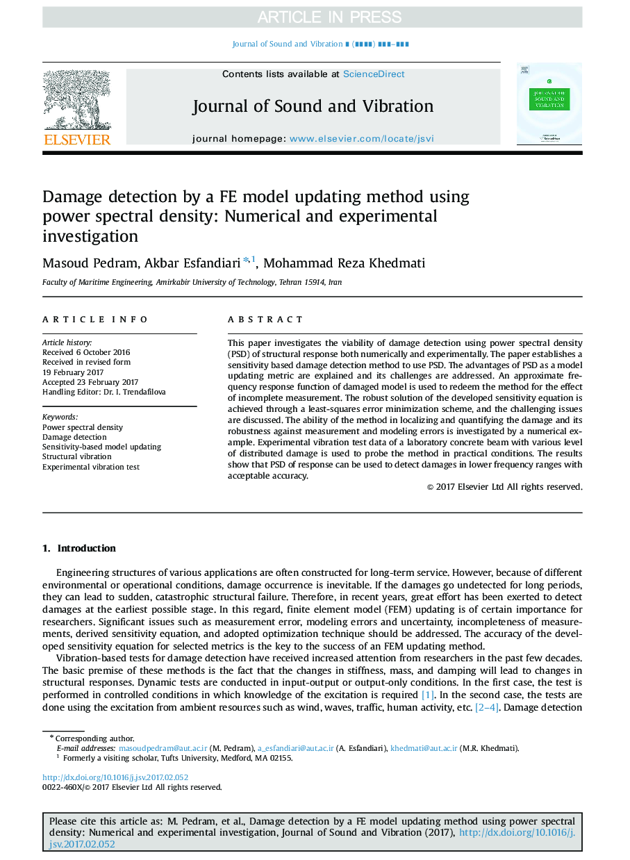 Damage detection by a FE model updating method using power spectral density: Numerical and experimental investigation